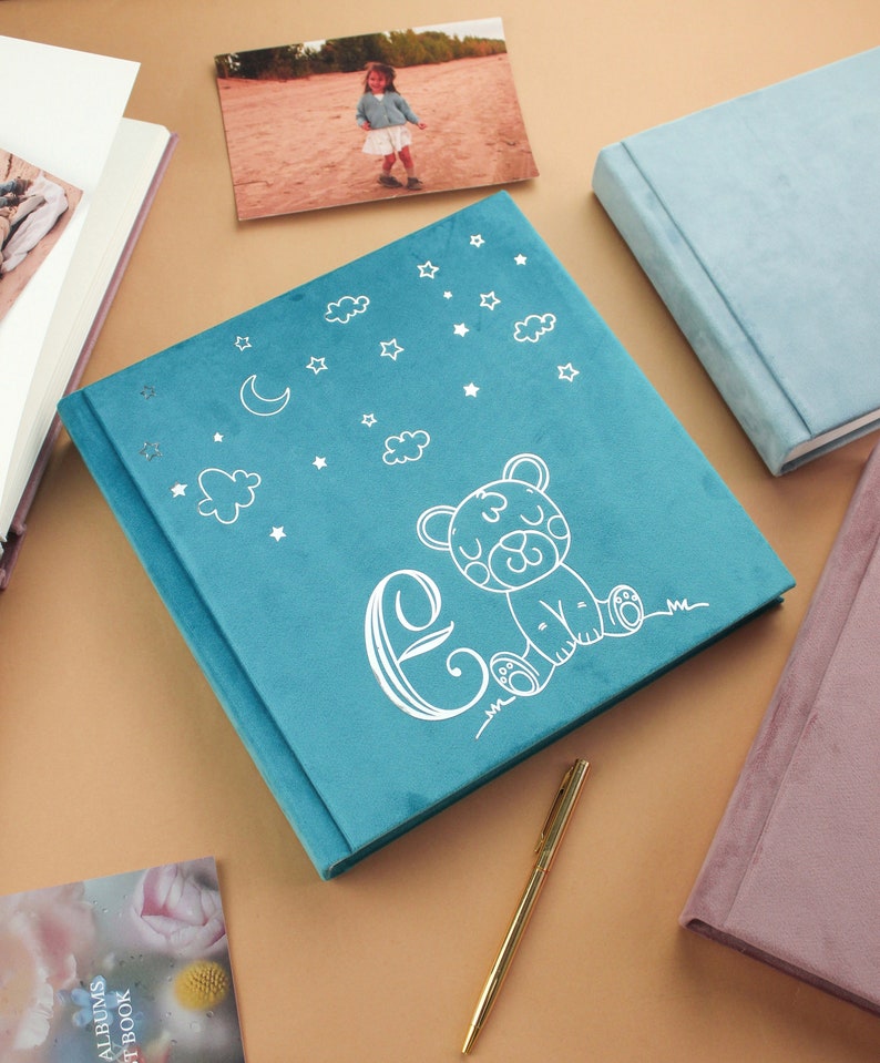 Baby Photo Album With Slots for Photos. Velvet Coating. 9x9 Inches