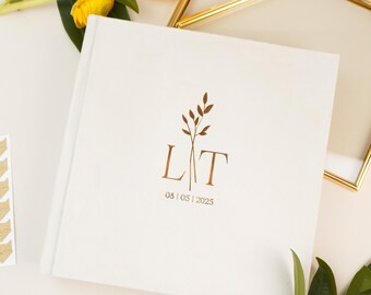 Custom Ivory wedding guest book in velvet hardcover for polaroid, instax, photo booth or any size photos with blank black/white pages 9x9&quot;