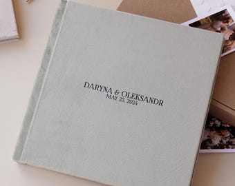 Custom wedding guest book in velvet hardcover for polaroid, instax, photo booth or any size photos with blank black or white pages 9x9 inch.