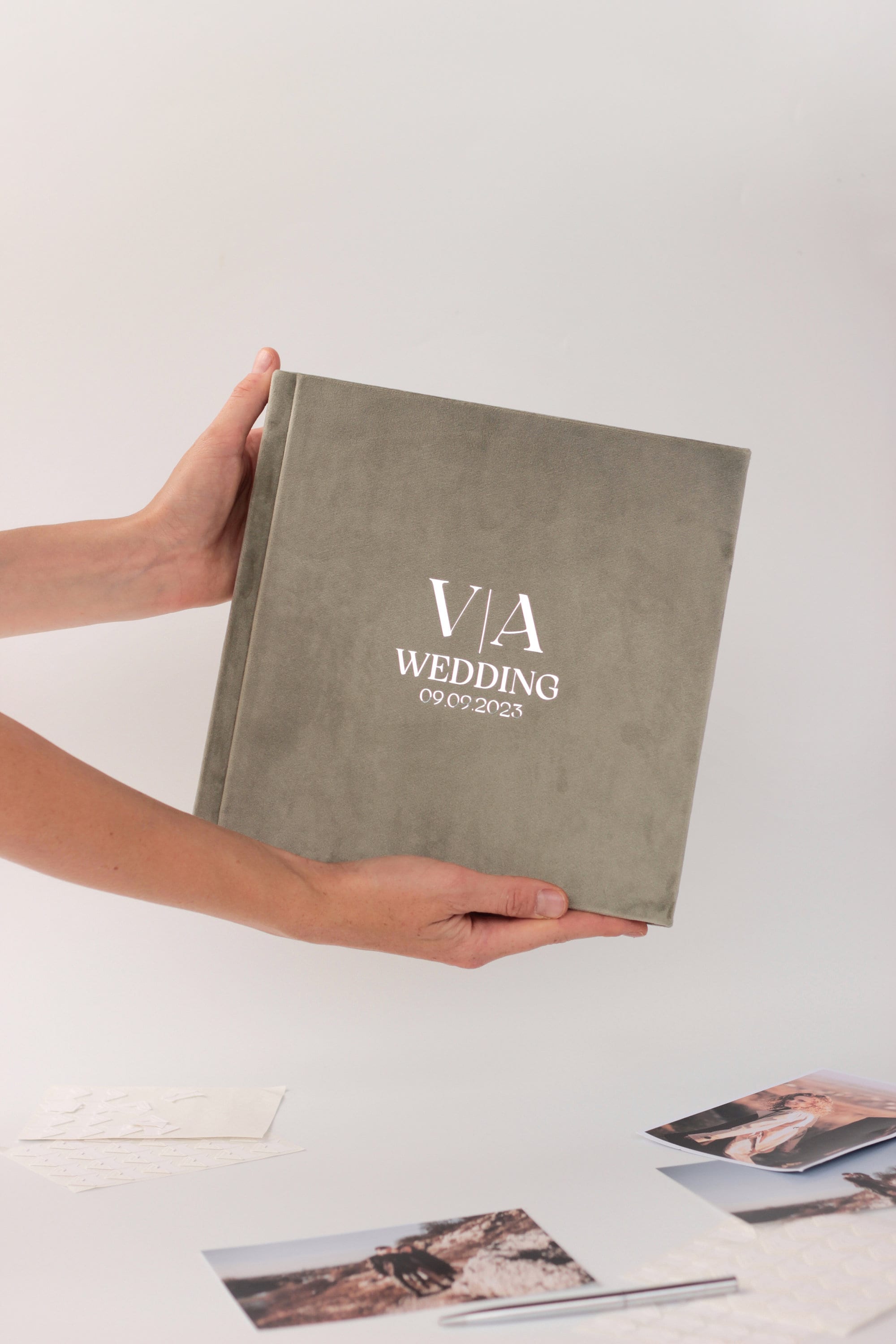 Custom wedding guest book in velvet hardcover for polaroid, instax, photo booth or any size photos with blank black or white pages 9x9 inch.