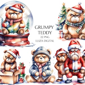 Clipart ours en peluche grincheux, ours en peluche de Noël, décoration de Noël, animaux de la forêt png, téléchargement numérique de Noël pour enfants, créations en papier, journal indésirable