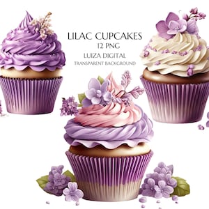 Clipart Cupcake lilas, Clipart Cupcake floral, livres de souvenirs, journaux indésirables, albums de coupures, agendas, usage commercial, téléchargement numérique