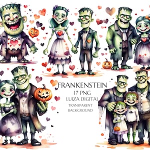 Frankenstein Couple Clipart, Halloween Monster Clipart, Spooky Png, Gothic Clipart, Halloween Sublimation, Commercial Use, Digital Download