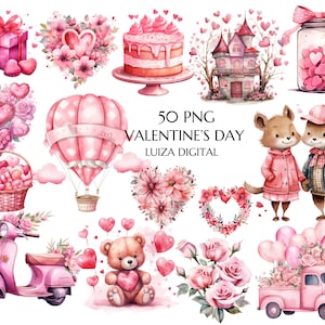 Pakiet słodkich walentynkowych clipartów, akwarelowe walentynki clipart, różowe walentynki PNG, cliparty róż, rumieniec walentynkowy, dzień miłości, miś pluszowy