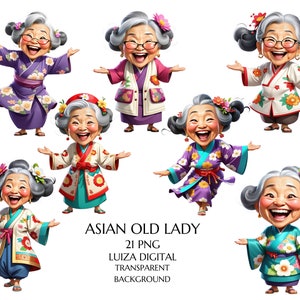 Clipart de anciana asiática en acuarela, anciana divertida PNG, clipart de mujer peculiar, abuela divertida de dibujos animados, clipart de abuela feliz, digital