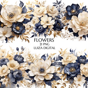 Blue and Gold Flowers PNG, Watercolor Floral Clipart Bouquets, Wedding Flowers Clipart Gold Floral Png, Commercial Use, Digital clipart