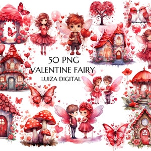 Clipart fée Saint-Valentin, fée rouge garçon, aquarelle couple fée Saint-Valentin Clipart, clipart jardin féerique Saint-Valentin