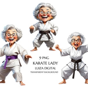 Imágenes prediseñadas de anciana de karate, imágenes prediseñadas de anciana de kung fu, imágenes prediseñadas de mujer peculiar, imágenes prediseñadas de abuela, imágenes prediseñadas de abuela feliz, descarga digital, uso comercial