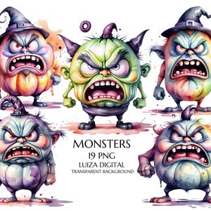 Grumpy Monster Clipart, 19 PNG Enemy Clipart, Bambini Halloween PNG, Fantasy Clipart, Asilo nido PNG, Decorazioni di compleanno, Sublimazione commerciale