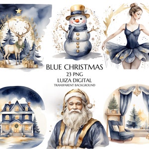 Blue & Gold Christmas Clipart Bundle, Golden Snowman Clipart, Christmas Porch, Santa png, Winter decor, Xmas clipart, Instant Download