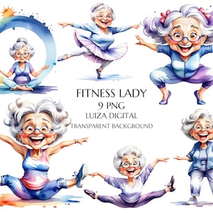 Yoga grootmoeder clipart, aquarel grappige yoga oude dame clipart, grappige fitness grootmoeder png, gelukkige vrouw clipart, gelukkige oma clipart