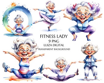 Yoga Grandmother clipart, Watercolor Funny Yoga Old Lady Clipart, Funny Fitness Grandmother Png, Happy Woman Clipart, Happy Granny Clipart