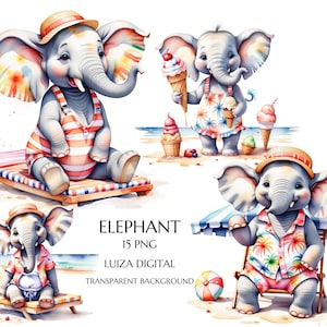 Clipart olifant, zomerstrand, aquarel sublimatie, strandolifant, zomer dier PNG kinderkamer, sublimatie, kaarten maken, commercieel gebruik