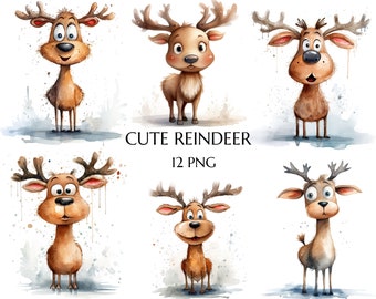 Funny Reindeer Clipart, Christmas Reindeer Clipart, Watercolor Reindeer Clipart, Quirky Reindeer, Commercial Use, Christmas Card Making