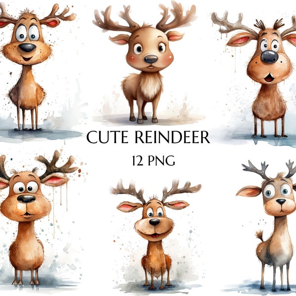 Funny Reindeer Clipart, Christmas Reindeer Clipart, Watercolor Reindeer Clipart, Quirky Reindeer, Commercial Use, Christmas Card Making