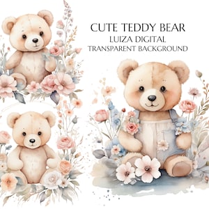 Vintage teddybeer clipart, teddybeer met bloemen clipart, aquarel teddybeer, baby shower clipart, bleke teddybeer png, boho beer