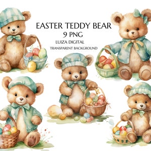 Clipart de osito de Pascua en acuarela, clipart de osito de Pascua de estilo rústico, clipart de baby shower, canasta de Pascua, creación de tarjetas de Pascua