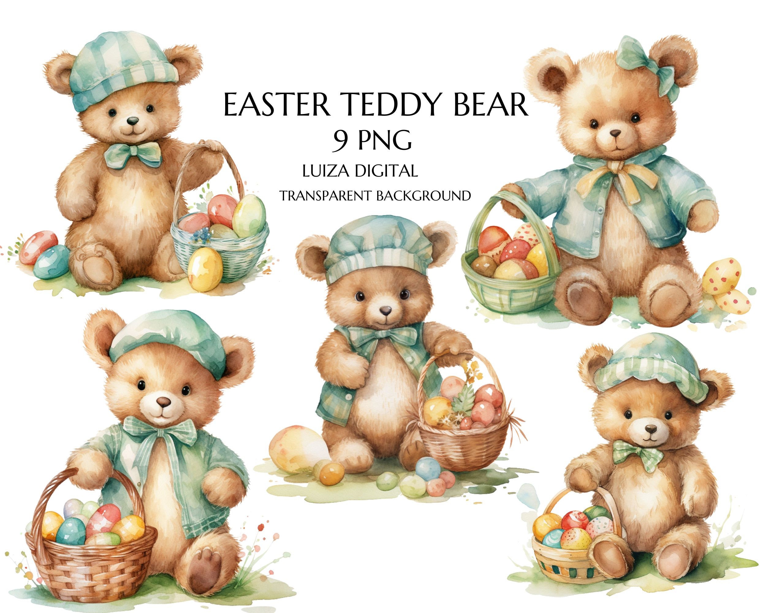 Watercolor Easter Teddy Bear Clipart, Country Farmhouse Easter Teddy