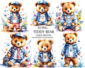 Watercolor Teddy Bear Clip Art, Baby Shower for a boy, Vintage teddy bear PNG, Back to the school clipart, Commercial use, Transparent PNG