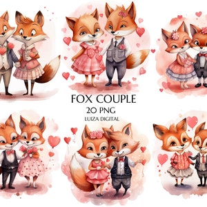 Linda pareja de zorros de San Valentín, clipart de pareja de animales de San Valentín, clipart de animales románticos, regalo de San Valentín para niños, tarjeta de San Valentín para uso comercial