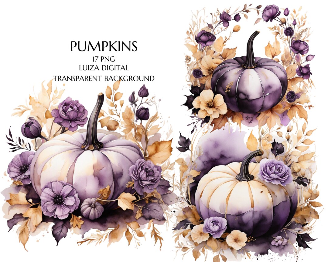 Watercolor Flowers Pumpkin Clipart, Autumn Clipart, Purple Pumpkin ...