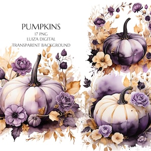 Kürbis Clipart, Lila & Gold Kürbis mit Blumen, Png, Herbst Farm, Rustikale Karte Herstellung, Thanksgiving Dekor, Digitaler Download