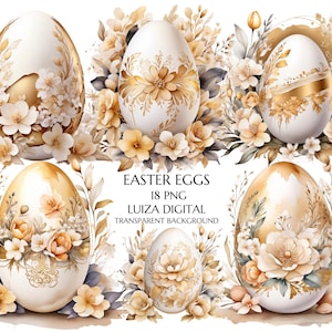 Clipart de huevo dorado, huevos de Pascua con flores png, huevo de Pascua dorado PNG, clipart de primavera, clipart de flores doradas, descarga digital, uso comercial