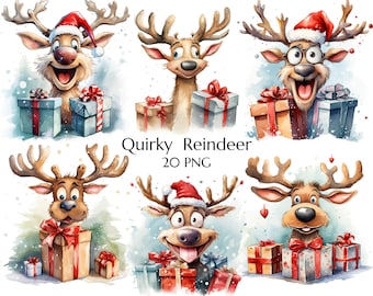 Aquarell Rentier Clipart, lustiges Rentier PNG, schrulliges Rentier, hohe Qualität PNG, kommerzielle Nutzung, Junk Journal, Weihnachtskartenherstellung