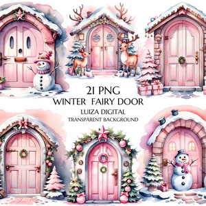 Aquarelle rose fée hiver porte clipart, entrée principale, clipart porte magique, sublimation fantastique, fabrication de cartes de Noël, usage commercial
