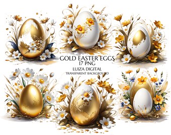 Floral Egg Clipart, Watercolor Easter Eggs Clipart, Gold 3D Easter Egg PNG, Gold Easter Egg Clipart, Commercial Use