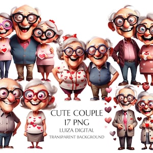 Imágenes prediseñadas de pareja de ancianos divertida, abuela y abuelo de dibujos animados, regalo para abuelos, pareja de ancianos de San Valentín png, sublimación, uso comercial
