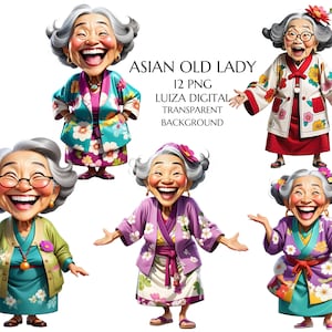Asiatische alte Dame Clipart, lustige alte Frau Png, schrullige Frau Clipart, lustige Großmutter der Karikatur, glückliche Großmutter Clipart, digitaler Download