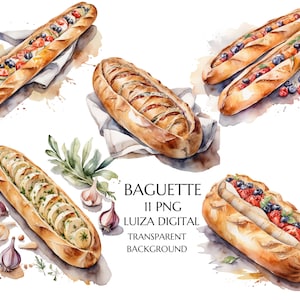 Pacote de clipart de pão fresco assado, clipart de baguete rústica de alho e ervas da vovó para download digital, uso comercial, aquarela, papel digital