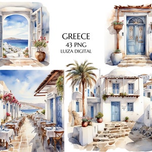 Clipart acquerello antica greca, antica greca, clipart estate Grecia, vacanze Grecia Scrapbooking Grecia romantica, uso commerciale