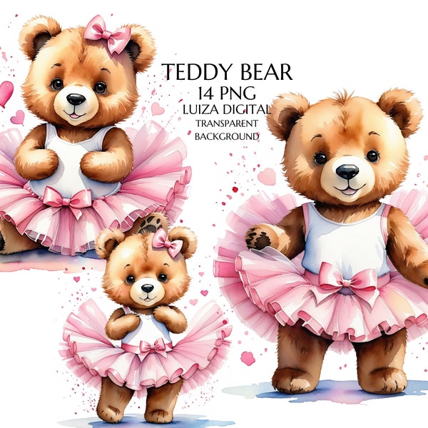 Watercolor Ballerina Bear Clipart, Ballet Teddy Bear in Tutu Dress, Dancing Floral Baby Bear Png, Pink Ballerina, Nursery Digital Clip Art