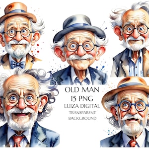 Nonno PNG, Clipart di un vecchio divertente ad acquerello, Clipart di un nonno felice, Clipart di un padre divertente dei cartoni animati, Sublimazione, Download digitale