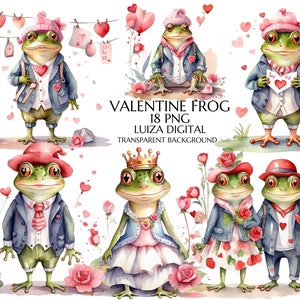 Süßes Paar Frosch Clipart, Aquarell Sumpfgebiete Clipart, Liebe Frosch, Prinzessin Clipart PNG, Valentinstag Sublimation, Kinder Valentinstag Karte