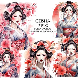 Imágenes prediseñadas de geisha en acuarela, imágenes prediseñadas de moda japonesa, imágenes prediseñadas de Japón, imágenes prediseñadas de mujer de moda, descarga instantánea, uso comercial, impresión de arte asiático