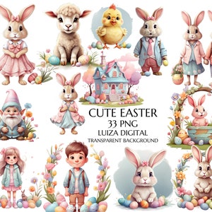 Clipart de conejito de Pascua pastel, pareja de conejos de primavera, gráfico de Pascua boho, gnomo de Pascua PNG, uso comercial de sublimación de Pascua PNG transparente