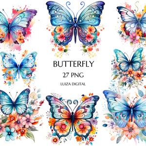 Aquarelle florale fantaisie papillon Clipart, clipart jardin féerique, fabrication de cartes florales aquarelle, clipart scrapbooking, papier numérique papillon