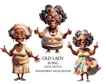 Großmutter Clipart, lustige alte Dame Clipart, Aquarell schrullige schwarze alte Damen Clipart, lustige afrikanische alte Dame Png, Oma Geburtstagsgeschenk