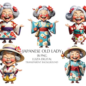 Imágenes prediseñadas de abuela, acuarela, asiática, divertida, anciana, japonesa, PNG, mujer feliz peculiar, abuela divertida de dibujos animados