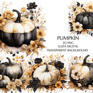 Pompoen png, zwart-gouden pompoenen en bloemen clipart herfst boerderij, rustieke kaarten maken, Thanksgiving, digitale download, commercieel gebruik