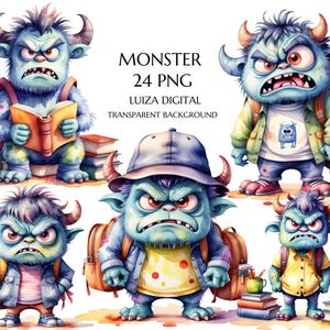 Clipart di mostri del ritorno a scuola, Clipart di compleanno di mostri scontrosi, Clipart fantasy, PNG spettrale, uso commerciale, sublimazione, download digitale