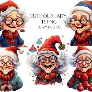 Imágenes prediseñadas de ancianas divertidas de Navidad, imágenes prediseñadas de la señora Claus, abuela divertida de Navidad, imágenes prediseñadas de anciana feliz, tarjeta de cumpleaños, uso comercial