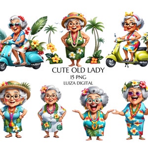 Clipart de Velha Senhora Havaiana, Aquarela Aloha Havaí, Avó Havaiana, Ohana Havaiana, Clipart de Viagem, Uso Comercial, Download Digital