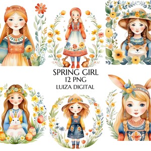 Aquarelle fille folklorique, Clipart d'art folklorique, Clipart oeuf de Pâques vintage, Clipart floral de fille de printemps, fille de jardin de printemps Png, téléchargement numérique