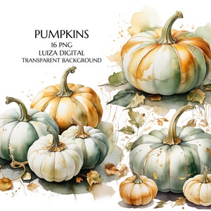 Aquarel groene en gouden pompoenen en blad aquarel clipart, herfst boerderij bundel, rustiek decor voor het maken van kaarten, Thanksgiving, digitaal