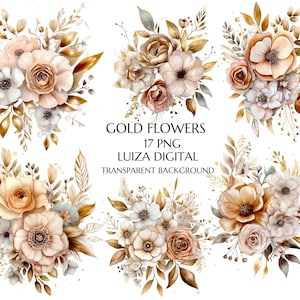 Gold Flowers PNG, Watercolor Floral Clipart Bouquets, Wedding Flowers Clipart Gold Floral Png, Commercial Use, Digital clipart