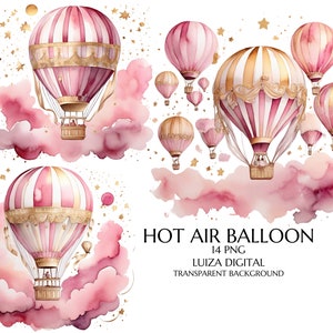 Clipart montgolfière, montgolfière rose, ballons et nuages, décorations de fête clipart baby shower, clipart anniversaire, usage commercial